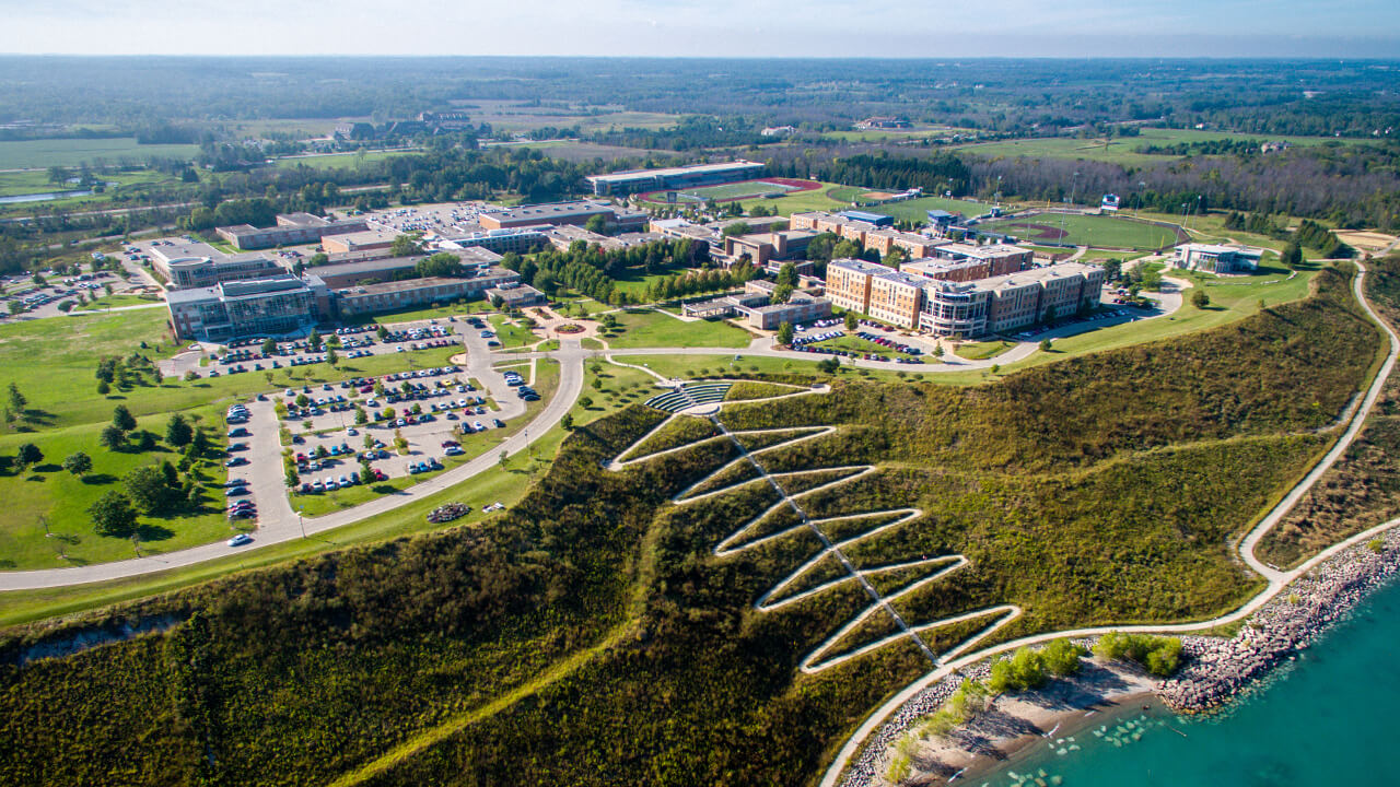 Aeiral view of the university property; most notably, the bluff stairs heading down towards the waters of Lake Michigan.